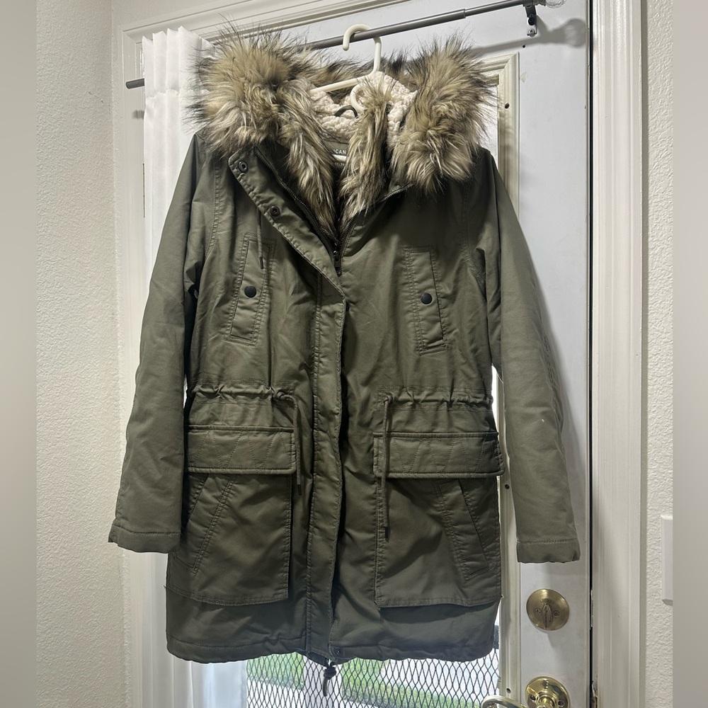 American Eagle Outfitters Green Fur Hooded Parka.